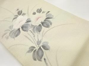 作家物　 紗 銀通し手描き山茶花模様刺繍名古屋帯